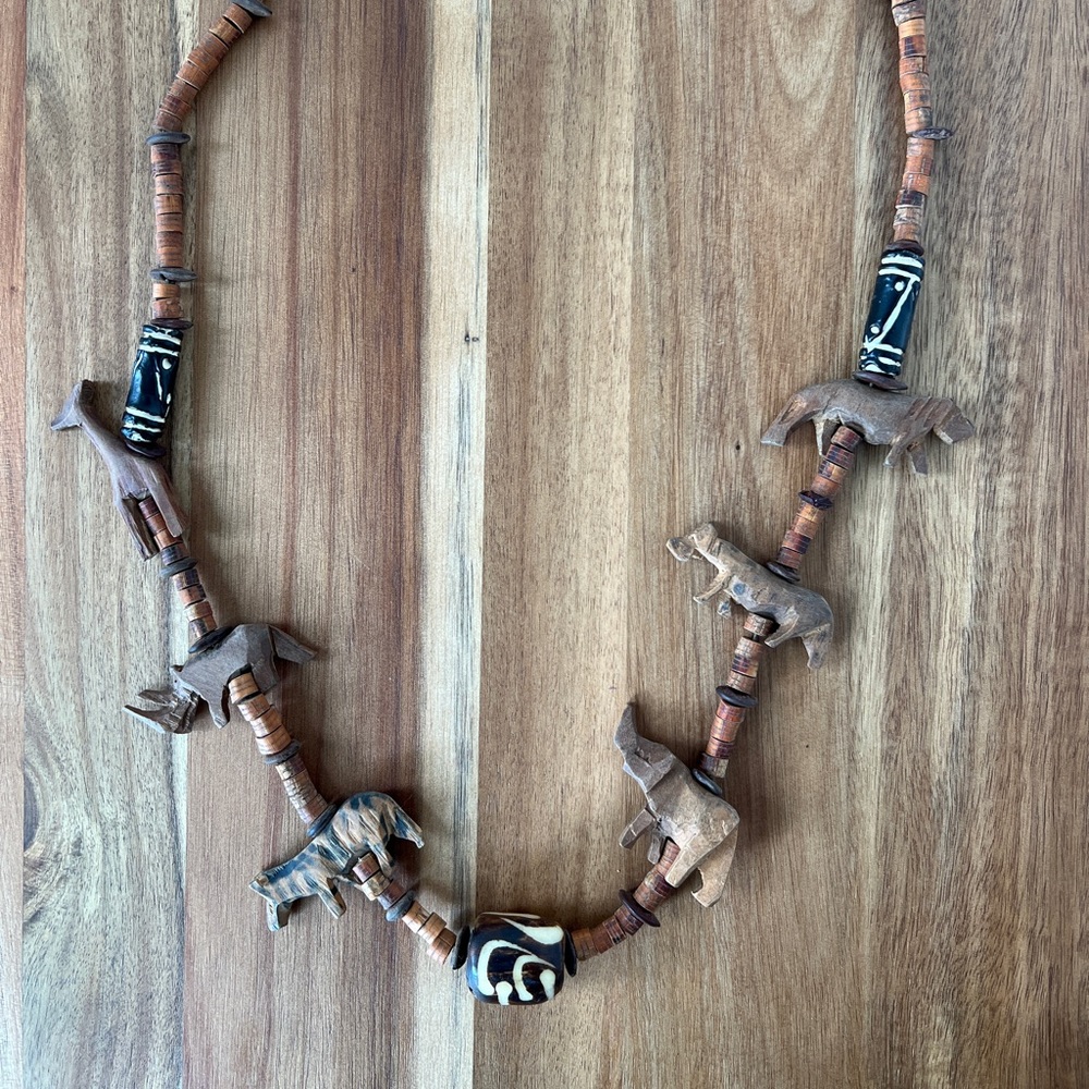 Vintage African wood safari animals necklace